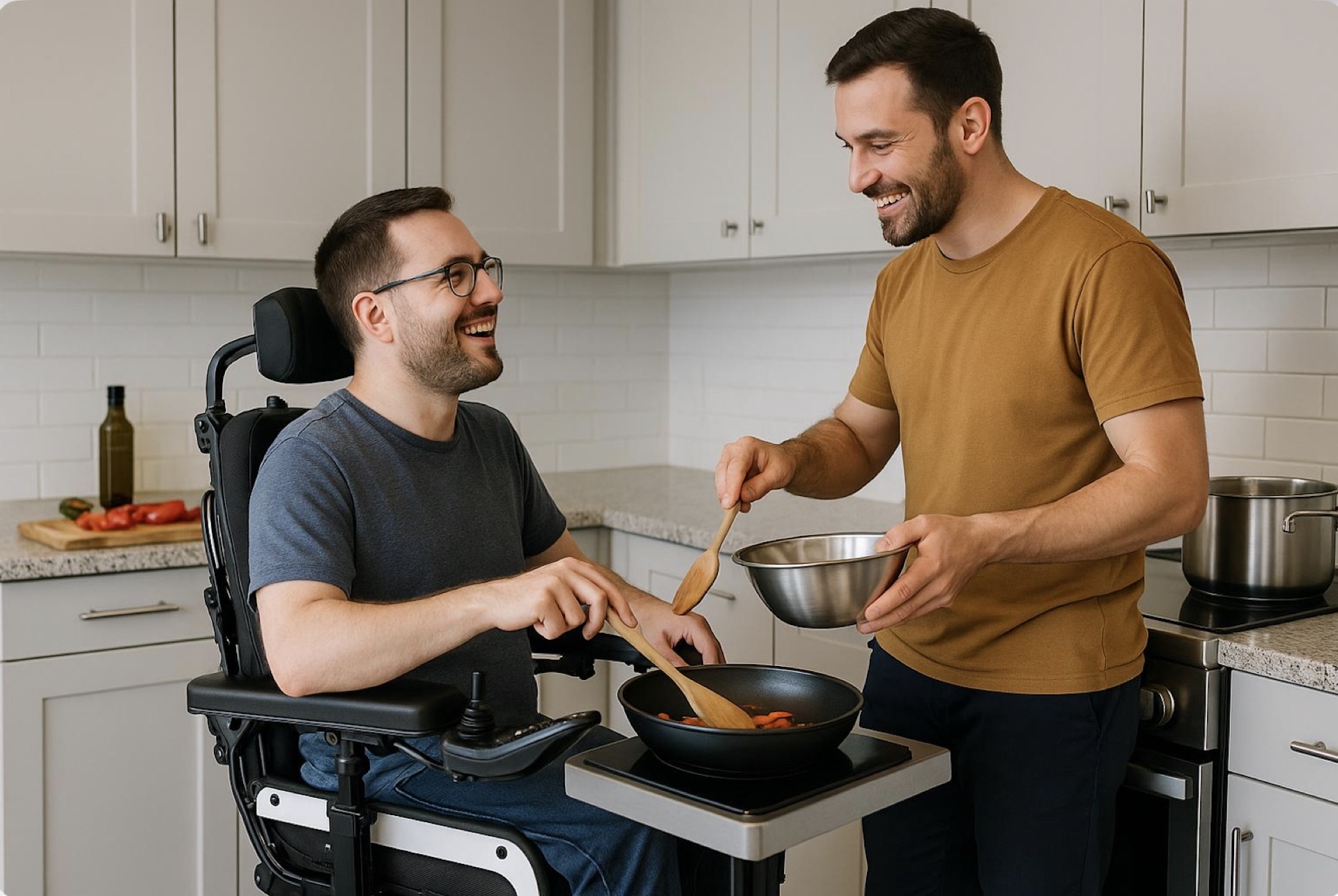Illustrative photo of a person in a wheelchair and a support worker cooking together in an accessible kitchen